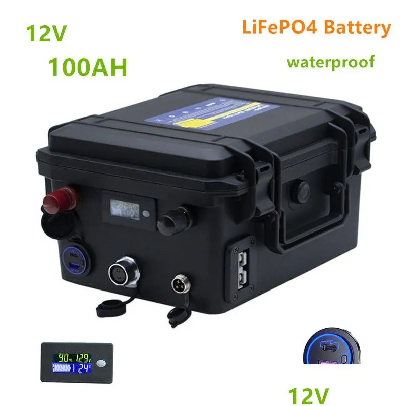Batterier 12V 100AH ​​LIFEPO4 Batteribatteri Vattentät litiumjon för inverterare Båt Drop Leverans Electronics Batterier Charger DHRVB