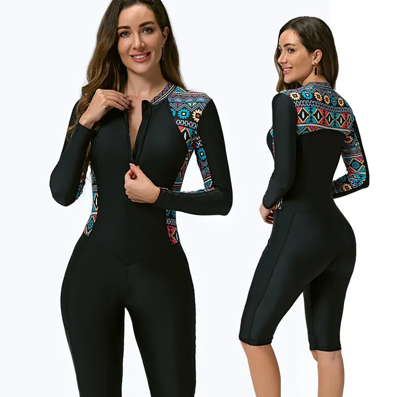 Conjunto de roupa de banho feminina upf 50 + lycra terno de mergulho anti uv uma peça rash guard manga curta maiô surf terno natação protetor solar