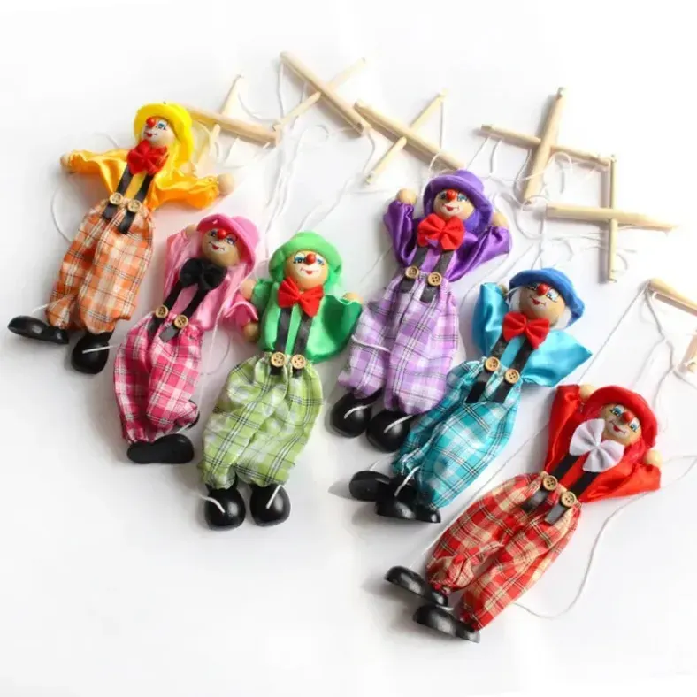 Favor de fiesta 25 cm Fiesta divertida Vintage Colorido Tirar Cuerda Marioneta Payaso Marioneta de madera Artesanía Actividad conjunta Muñeca Niños Regalos para niños