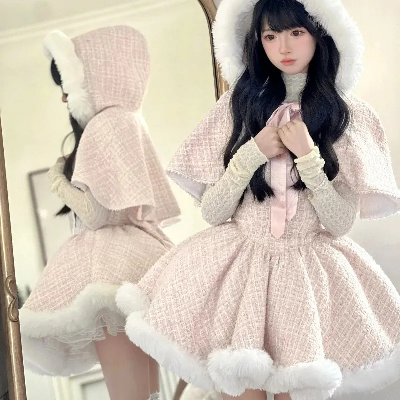 Japansk stil elegant tweed pläd klänning sätter kvinnor plysch huva sjal korta jackor minikjolar kawaii julår kostym 240223