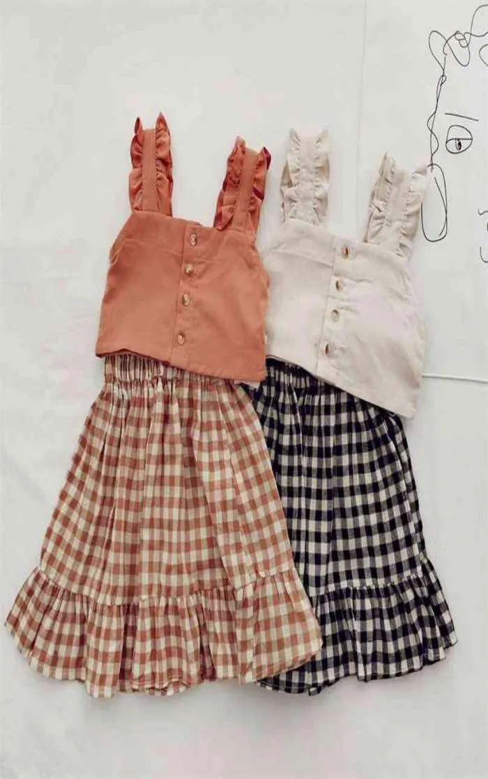Mihkalev Kids Clothes Set Summer Children 2PCS衣料品Sトップスプレイドスカートガール