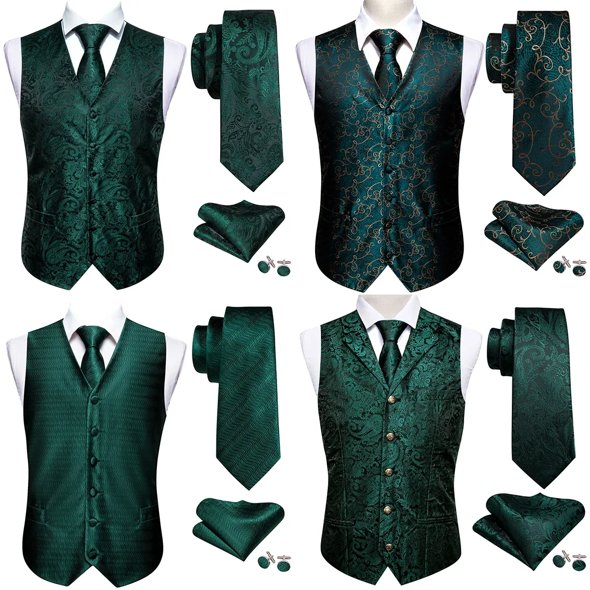 Vests Luxury Mens Vest Suit Green Paisley Flower Slim Fit Male Dress Sleeveless Formal Work Waistcoat Tie Hanky Gilet Barry Wang