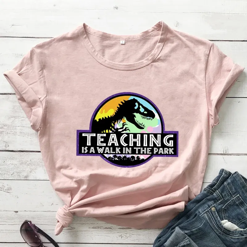 T-shirt öğretimi parkta bir yürüyüştür tshirt öğretmeni dinozor gömleği komik grunge tumblr gömlekleri kadın estetik sanat vintage tee üst