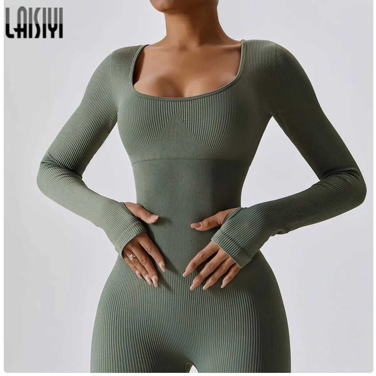 LAISIYI Fitness Jumpsuits Autumn Overalls for Women Sexy Bodycon Playsuit Square Neck Long Sleeve Rompers Female Slim Sportwear 240301