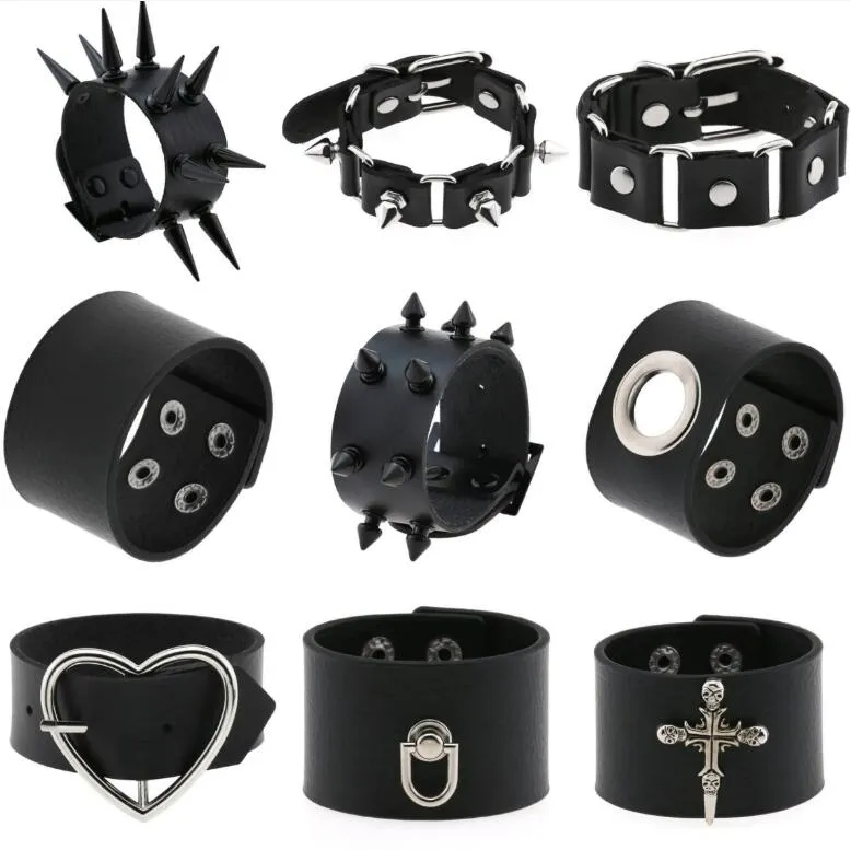 Punk Hip Hop Rock PU Leather Bracelet Unisex Trendy Chain Skull Pentagram Rivet Bracelet Party Jewelry Accessories