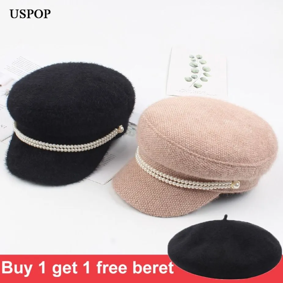 USPOP, nuevas gorras de invierno para mujer, gorras para vendedor de periódicos, gorras militares de pelo de visón perla para mujer, gorros cálidos gruesos con parte superior plana vintage 201013260D