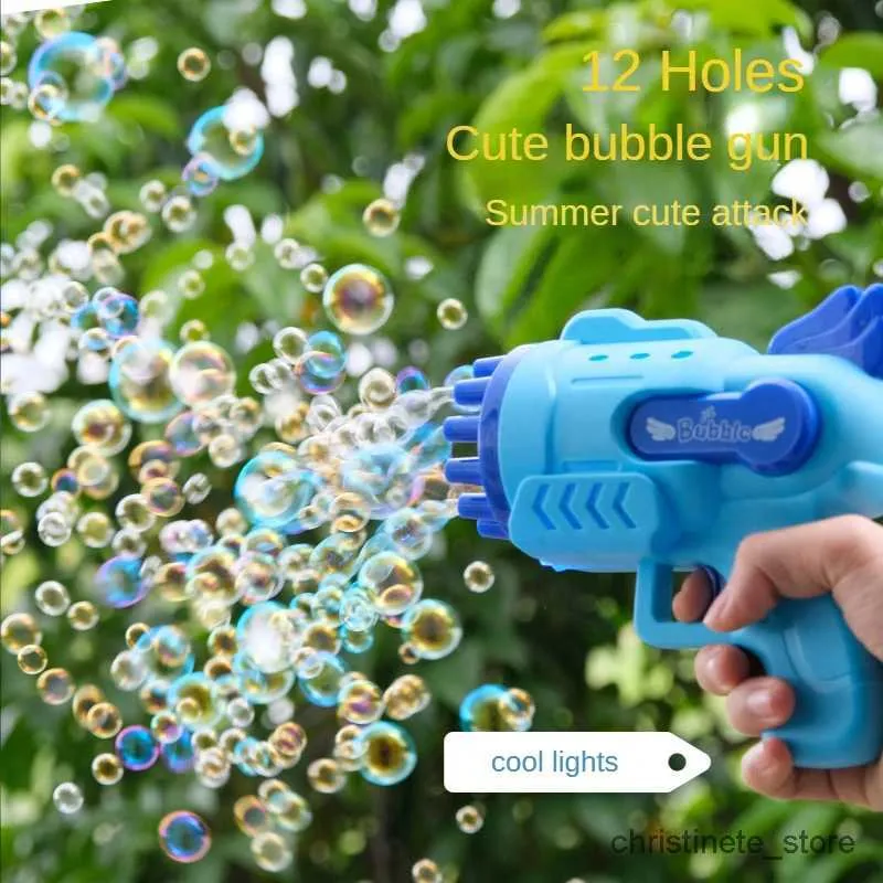 Giochi con la sabbia Divertimento in acqua 12 fori Pistola a bolle Giocattolo Macchina elettrica per bolle di sapone per bambini con luce a LED Giochi da esterno Giocattoli Regali di compleanno per feste di nozze