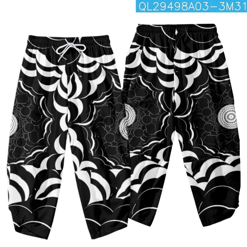 Calça preto branco redondo redondo redonda elástica casual quimono calças de calças de calças homens homens harajuku streetwear japonês