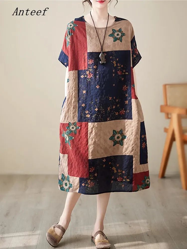 Kleid Kurzarm, übergroße Baumwolle, Vintage-Blumenkleider für Damen, lässig, locker, langes Sommerkleid, elegante Kleidung 2023