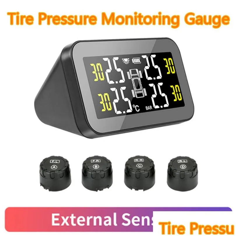 Car Other Auto Electronics New Solar Power Tpms Tire Pressure Alarm Monitor System Big Sn Temperature Warning Built-In And External Se Dhxgh