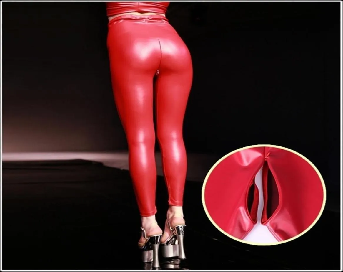 Сексуальные красные латексные узкие брюки из искусственной кожи с открытой промежностью, женские леггинсы с высокой талией, невидимая молния, черные тонкие брюки на заказ Y2003539258