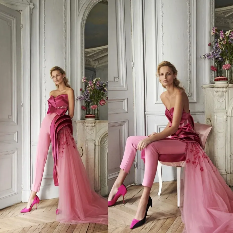 Unikalne wzornictwo różowe sukienki na studniówkę Jumpusy Sweetheart Ruffles Evening Dress Party Red Carpet Formal Earl Ogstuff Robes de Soiree