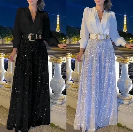 Suits 2023 Summer Women's New Solid Color Fashion VNeck Long Sleeve Shirt Sequins Wide Leg Pants Jumpsuit Banquet Party Dresses