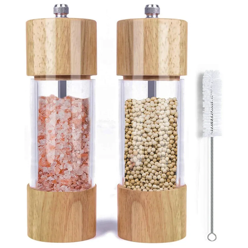 Wooden Salt and Pepper Grinder Set Manual Salt and Pepper Mills with Acrylic Visible Window and Cleaning Brush 2 Pack 240304