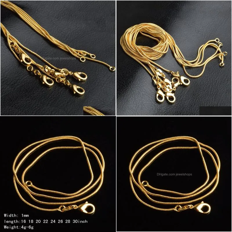 Ketten 1 mm 18 Karat vergoldete Schlangenketten 16-30 Zoll goldene glatte Karabinerverschluss-Halskette für Frauen Damen Modeschmuck in BK Drop De Dhh6G