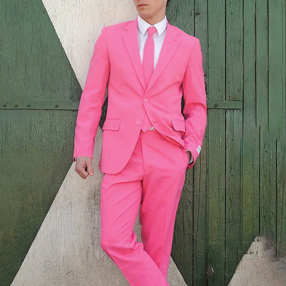 Kostymer sommar manlig kostym rosa mode hacket blazer med byxor avslappnad formell bröllop smoking chic kostymer för män smala passform 2 bit
