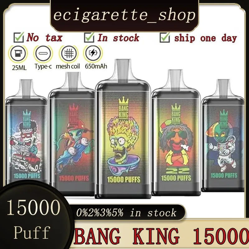 Original Bang King 15000 Puffs Puff 15000 engångscigaretter VAPE 20 Smaker 0%2%3%5%25 ML Förordnad 1,0Hm Mesh Coil 650mAh Uppladdningsbar batteri Puff 15K Bang Vape