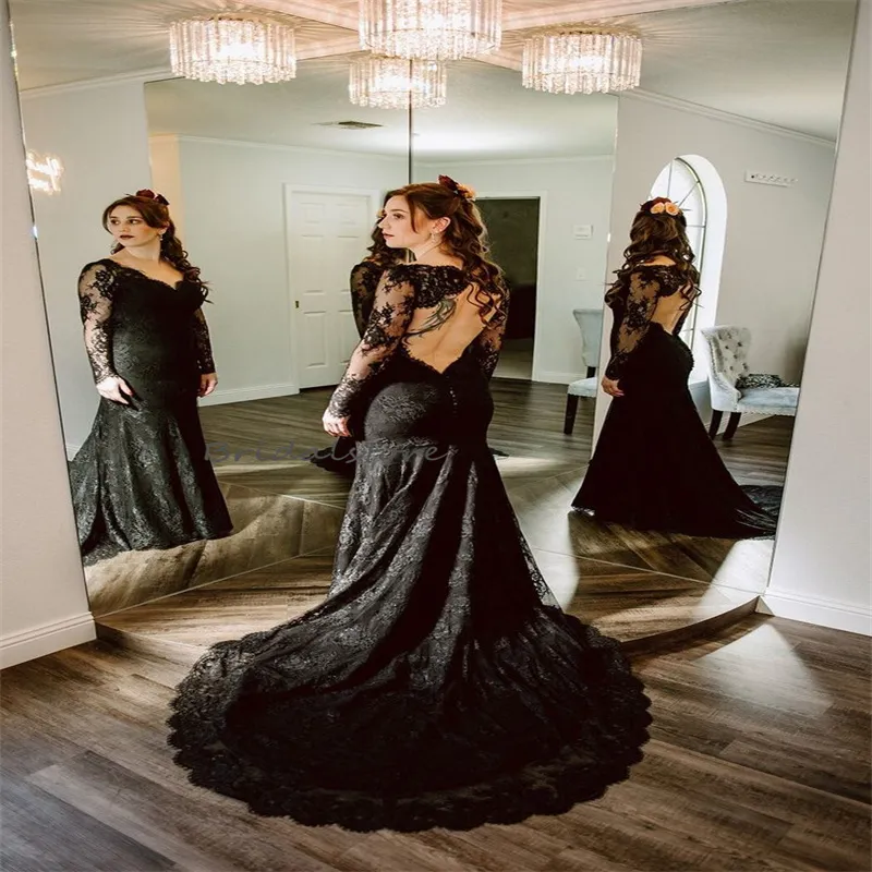 Vintage Black Gothic Wedding Dress 2024 V Neck Long Sleeve Mermaid Halloween Bridal Dress Open Back Full Lace Boho Country Civil Bride Robes De Mariee Outdoor Garden
