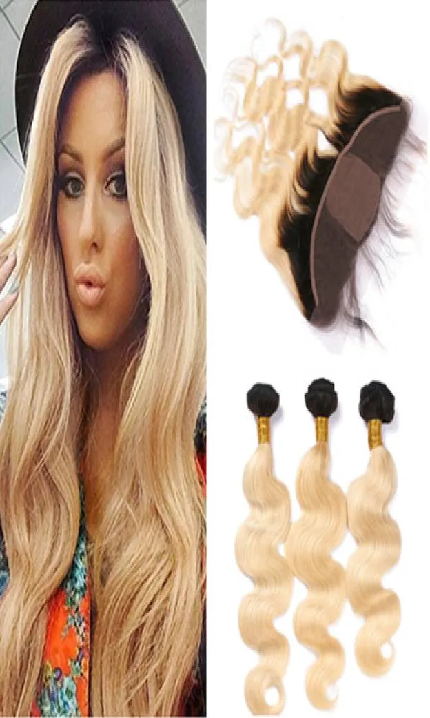 Blond Ombre Silk Base Full Lace Closure 13x4 z tkaczami falisty 3bundles 1B613 Dwnie tonowe Ombre Virgin Hair z jedwabnym górnym górą Frontal5365720