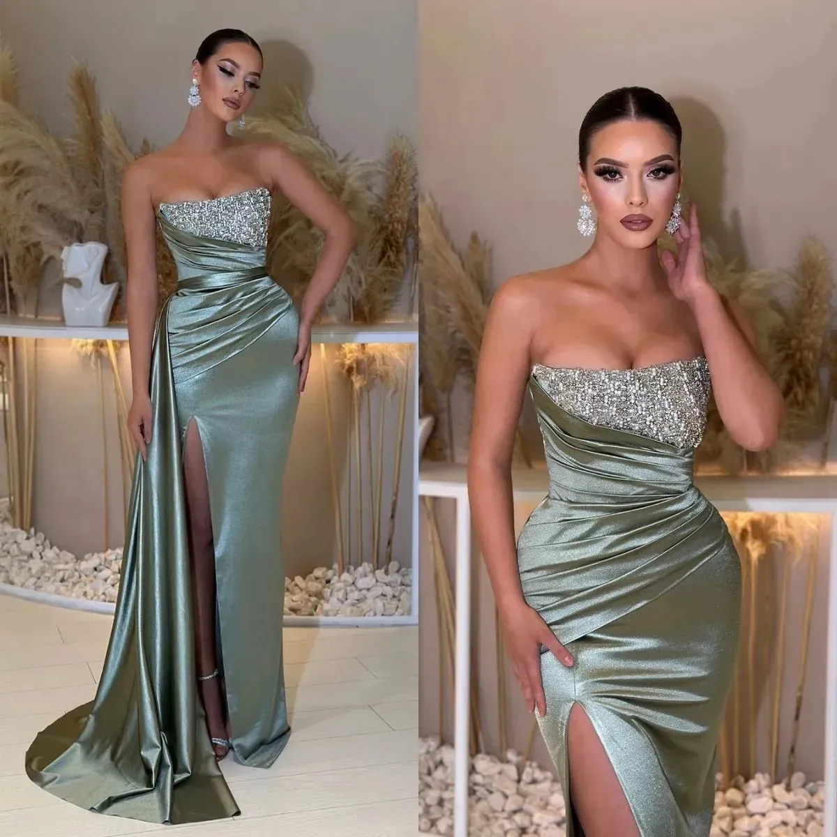 Elegant Light Green Prom Dresses Strapless Party Evening Dress Pleats Thigh Slit Formal Long Special Occasion dress