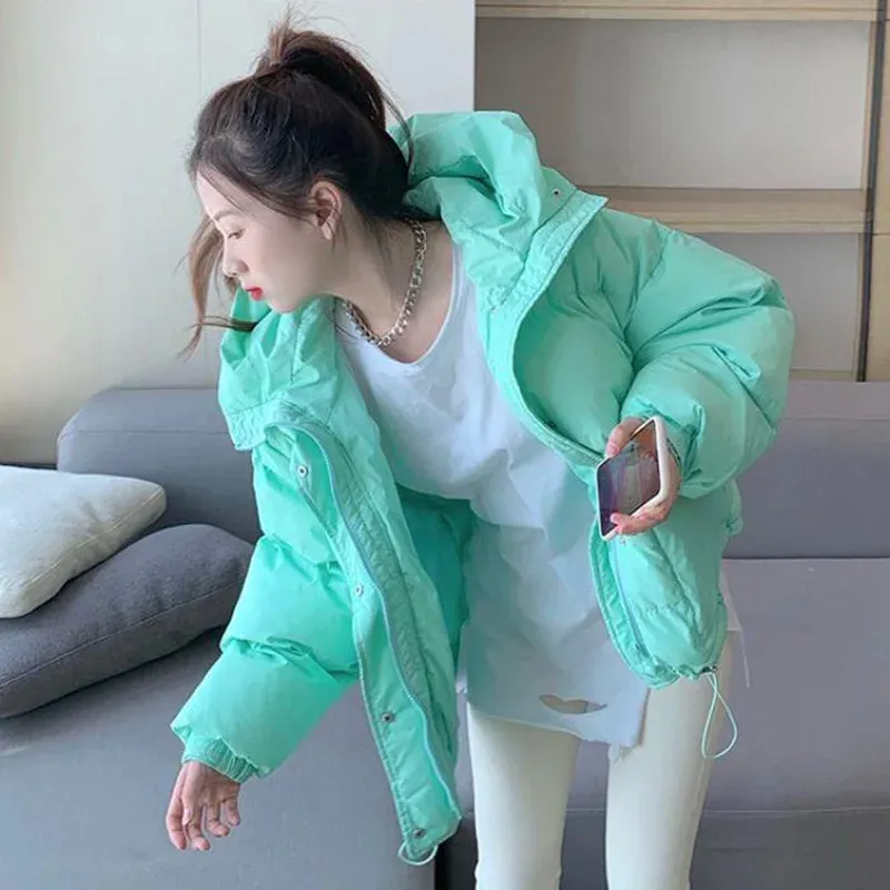 Parkas Winter Chic Hooded Down Cotton Puffer Parka Coats Women Loose Solid Epicken Jacket Warm Feminino Novo Moda Zíperes Outwear 2023