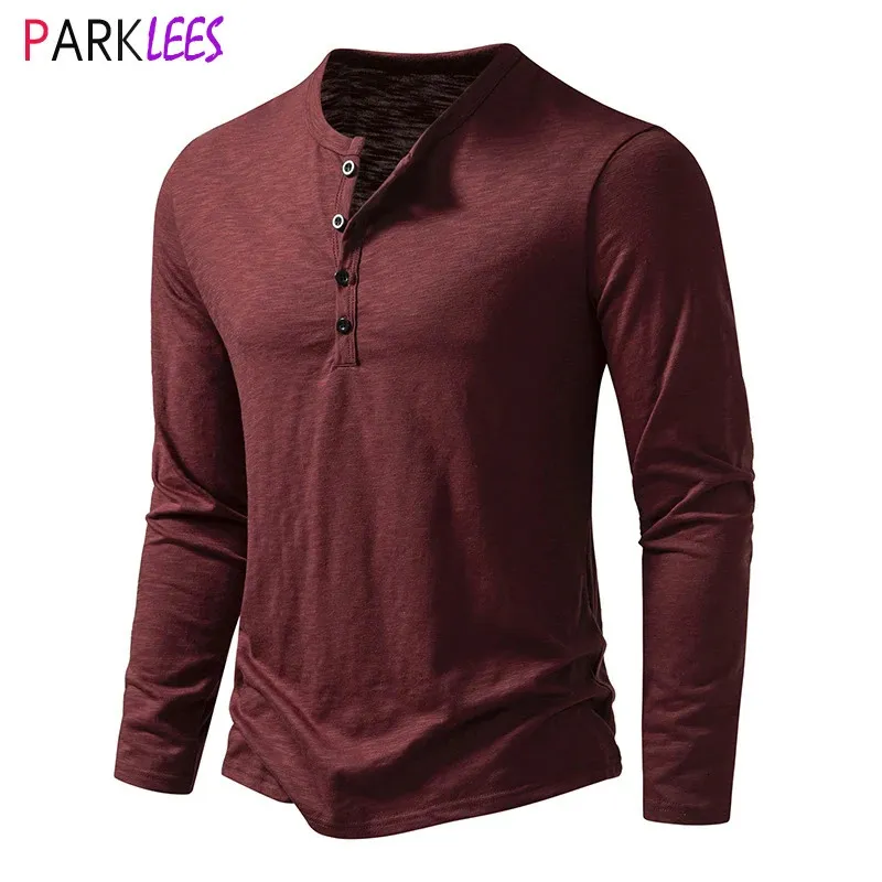 Mens angustiado Henley Camiseta Vintage Vinho Vermelho Manga Longa Camiseta Homens Casual Botão Para Baixo Algodão Lavado Tee Curto Homme Camiseta 240223