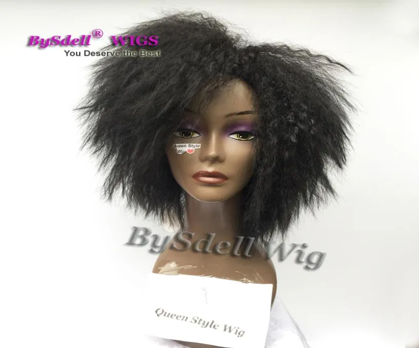 African American Black Woman Short Afro Frizzy kinky Straight Hair Wigs Synthetic Heat Resistant Black Red Brown Color Hair Natur4338601