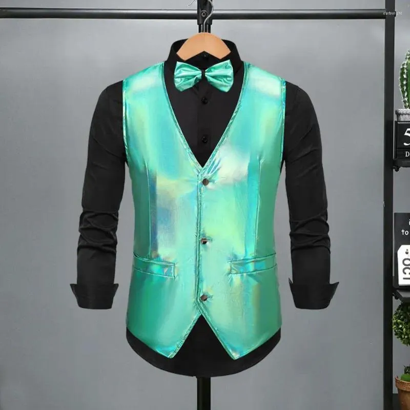 Gilets pour hommes Cool hommes gilet rétro Disco marié fête de mariage noeud papillon ensemble avec surface brillante col en V simple boutonnage pour spécial