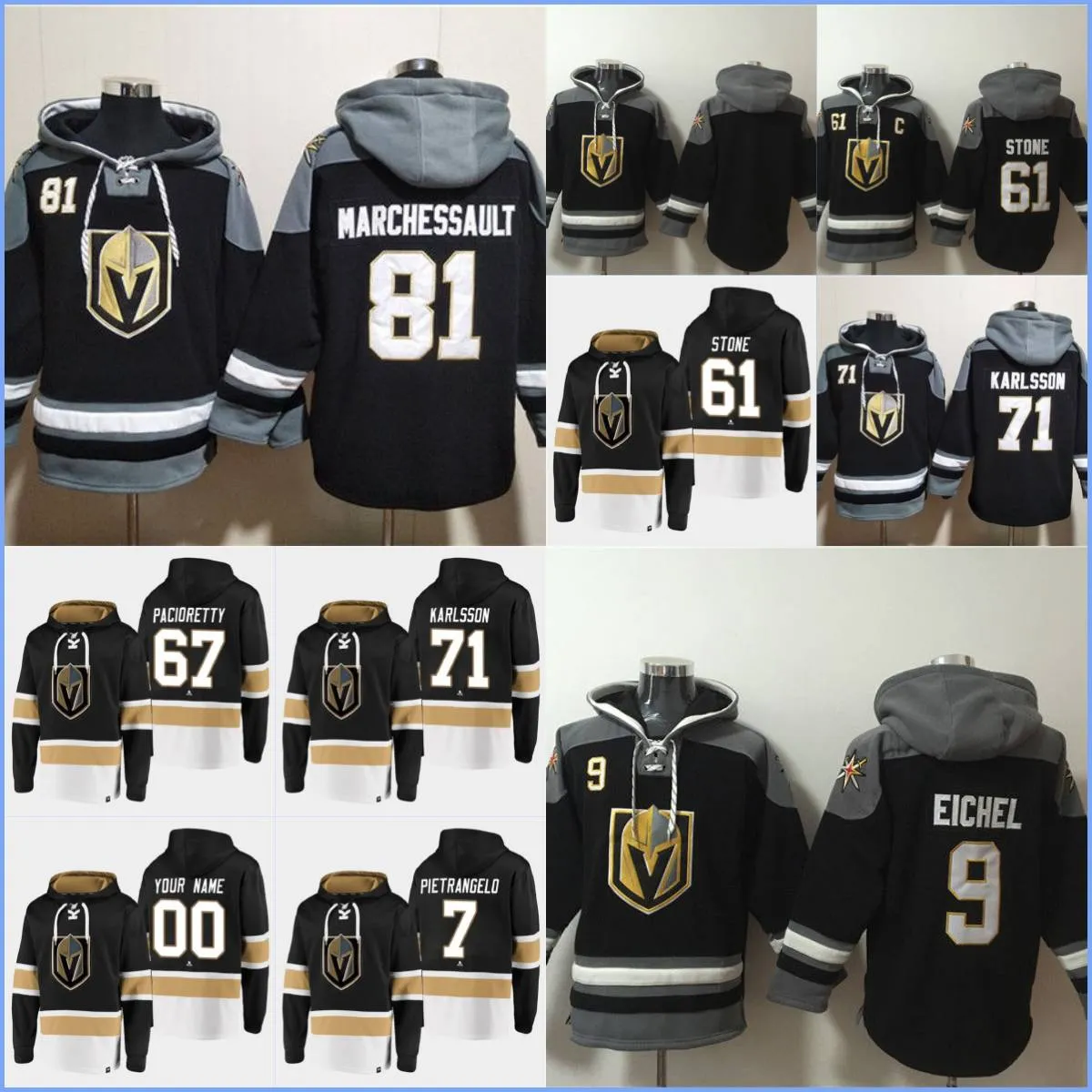 Vegas''golden''knights''hoodie 61 Stone 9 Eichel 71 Sson 81 Marchessault 67 Pacioretty 7 Pietrangelo Custom Hockey Jerseys Männer Frauen Jugend