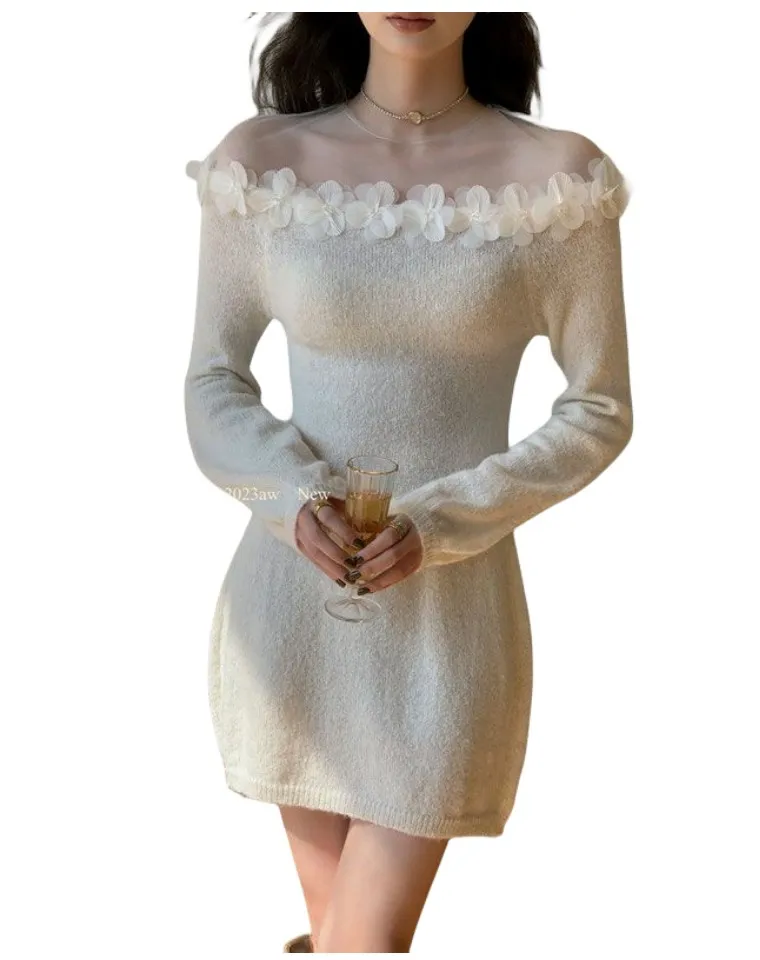 Frauen O-Ausschnitt Langarm Gaze Patchwork sexy Perspektive 3D Blumen gestrickt kurzes Kleid SMLXL