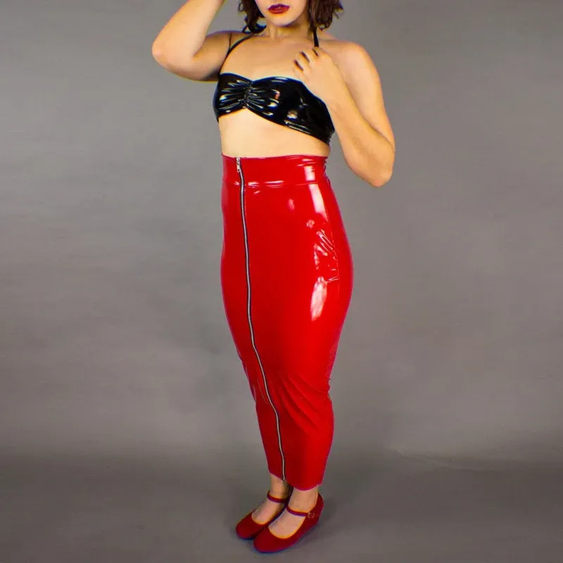 Klänningar sexiga pvc latex full zip kjol fetisch kvinnor faux läder hög midja lång sömlös kroppskonkondens kjolar 4xl skits anpassade