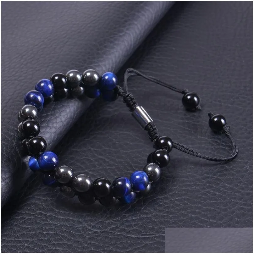 Kette geflochten 8 mm schwarzer Onyx Hämatit grün Tigerauge Naturstein Armband doppelt gewebt verstellbare Edelstein Perlen Armbänder Wristb Dhtka