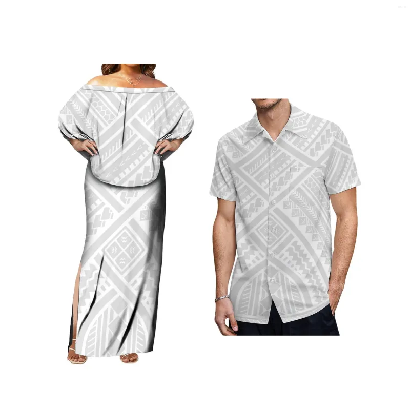 Robes de soirée en gros personnalisé fête des mères robe blanche épaule inclinée volants couches à volants polynésien tribal maxi moulante