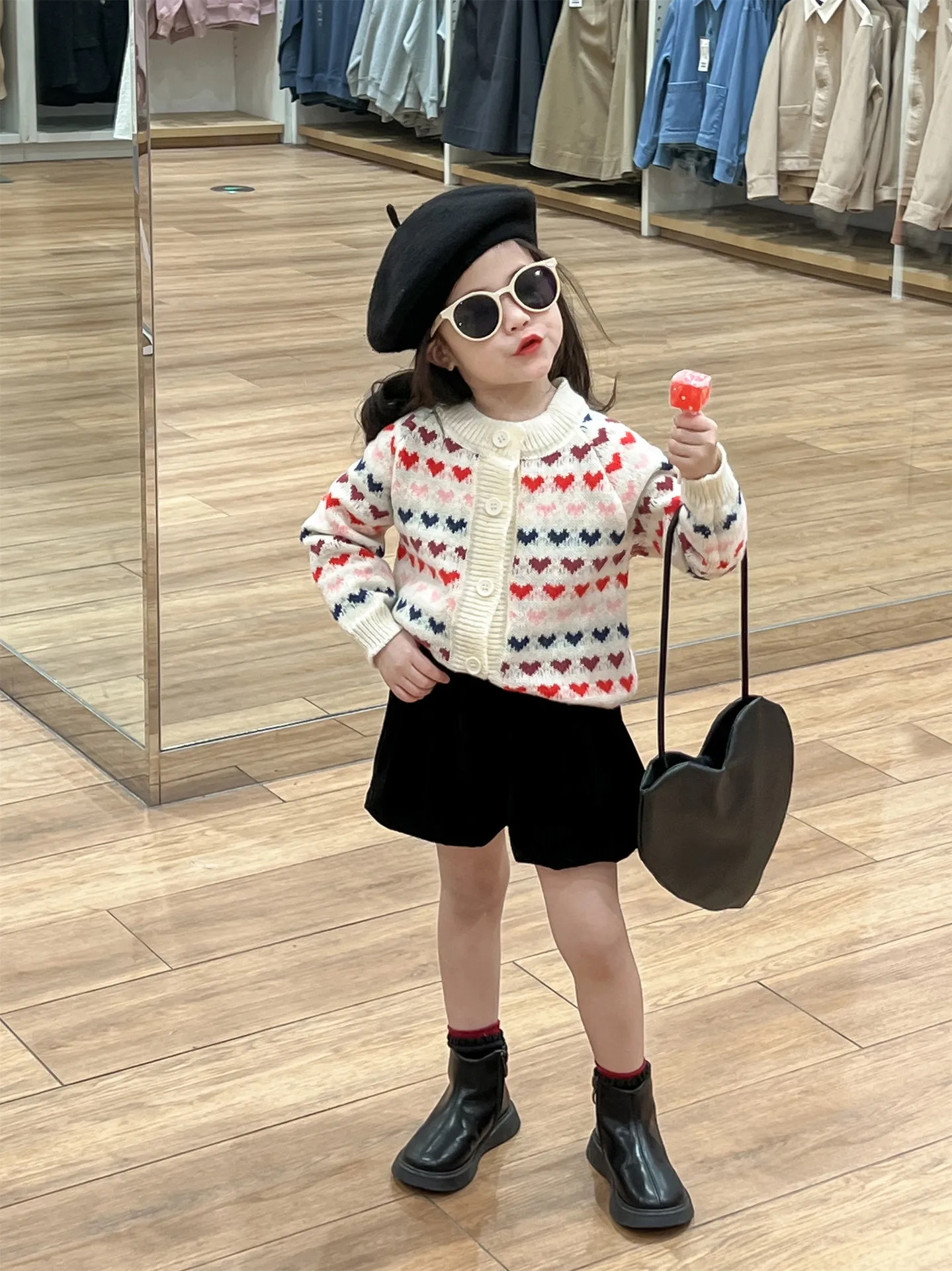 Sweet Girls colorful love heart knitted cardigan kids round collar long sleeve sweater outwear children buds shorts Z6992