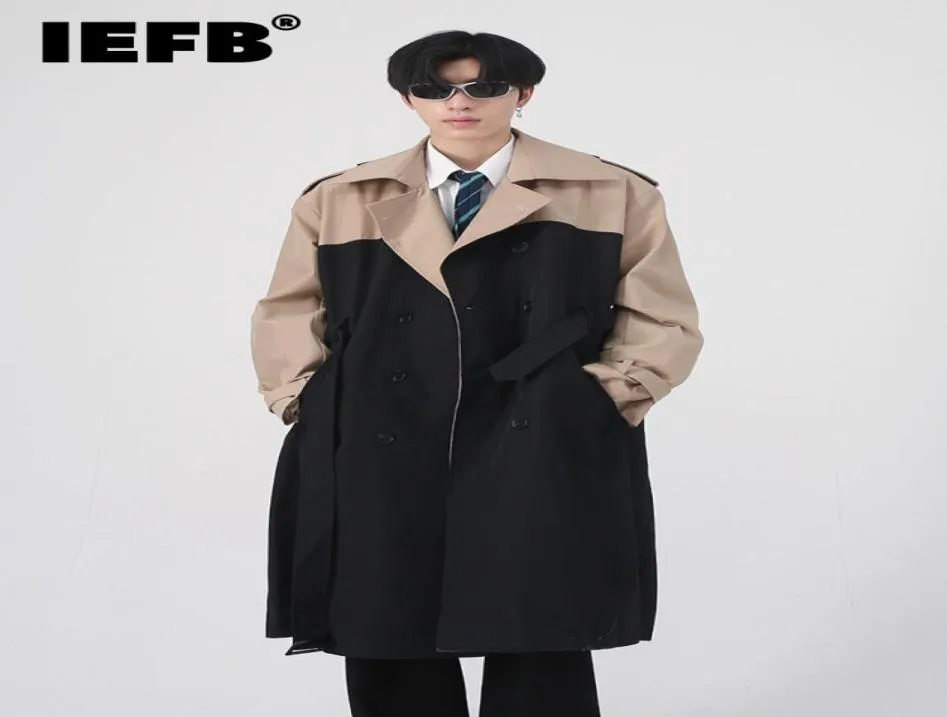 Men039S 트렌치 코트 IEFB Men039S Long Coat 가을 한국 패션 스 플라이 싱 색상 대비 윈드 브레이커 Longleeve 캐주얼 Male6574957