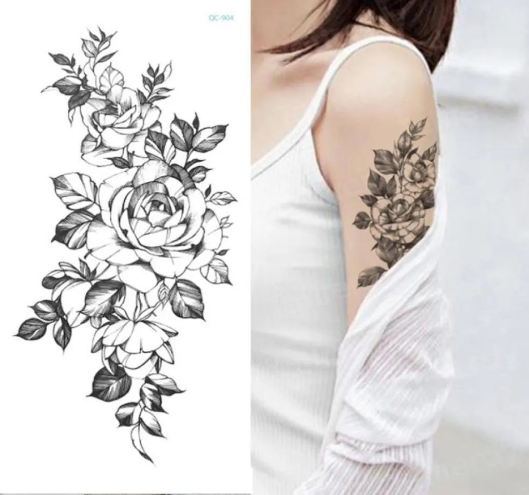 Tillfällig tatuering klistermärke Flower Peony Rose Sketches Tattoo Designs Sexiga flickor Model Tattuos Arm Leg Black Henna Stickers Women SH18455739