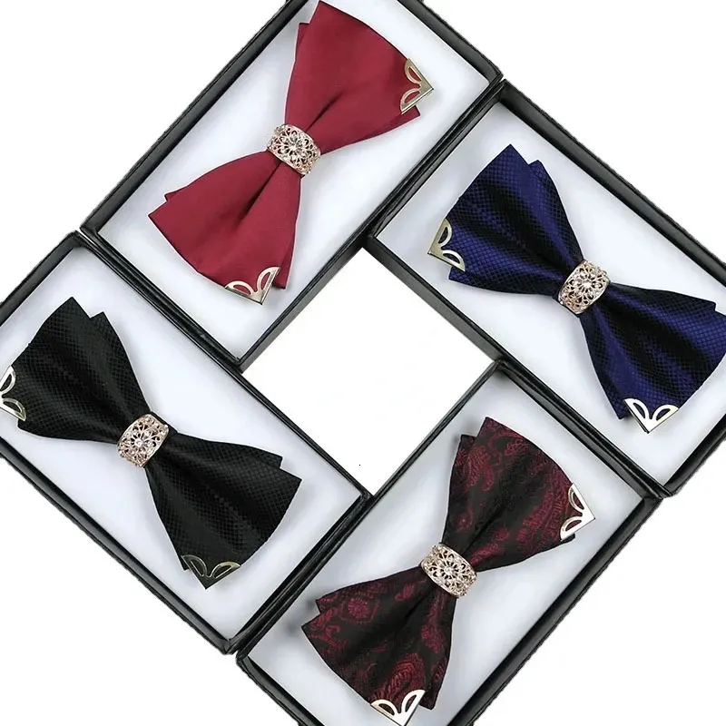 Business office formal pattern bow knot for mens double-layer suit bridegrooms British diamond inlaid bow tie 240223