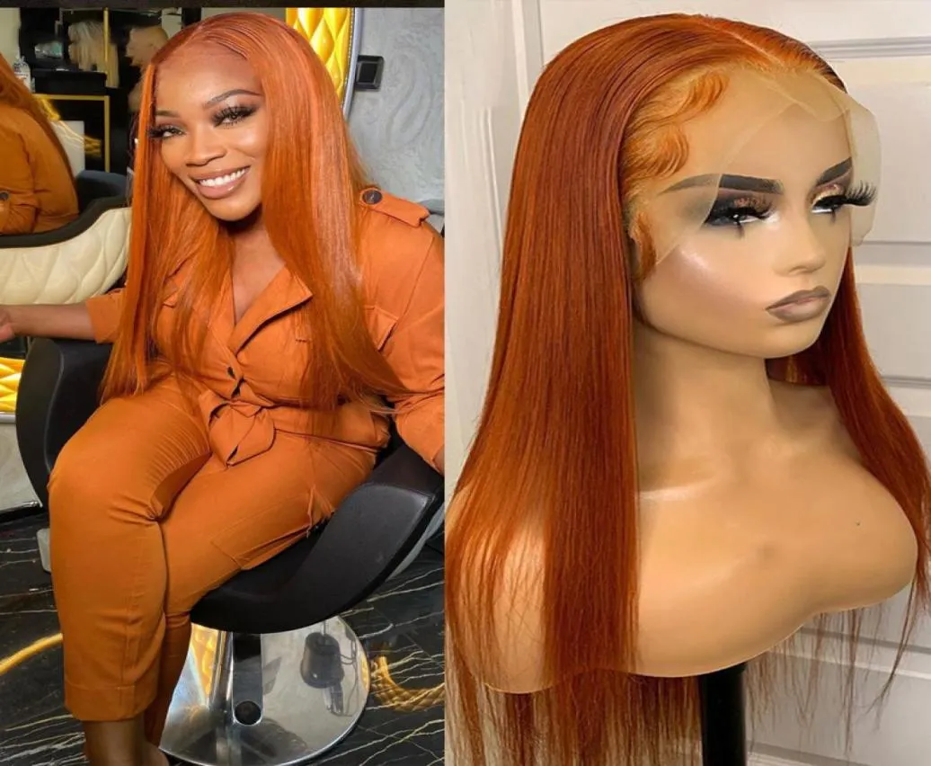 Orange Ginger Long Straight 13x4 Front Lace Real Wig PreDrawn Brazilian Waves 180 Density Remy Glueless Lace Closure Wig for Wom5006170