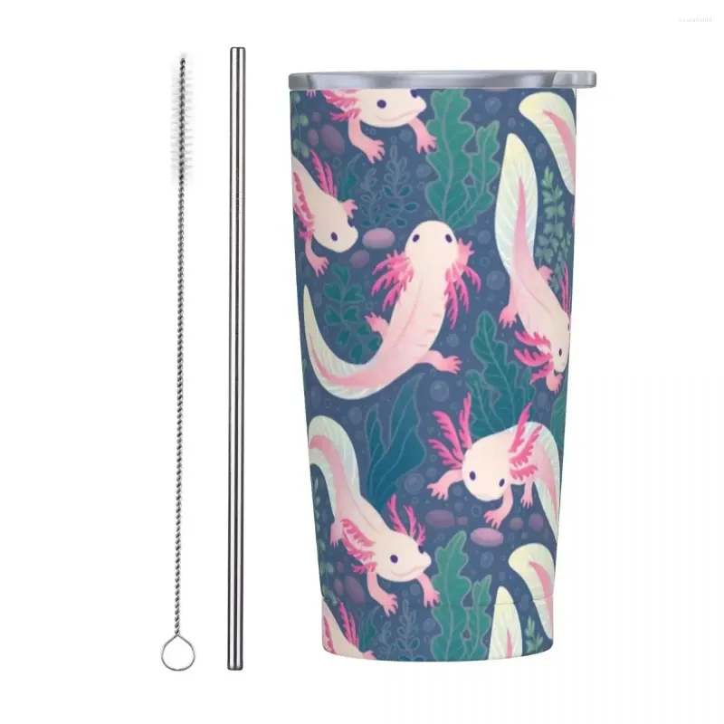 Axolotl Tumbler Voyage isolé sous vide Kawaii Salamandre Tasses à café Flacon en acier inoxydable Tasses extérieures anti-déversement 20oz