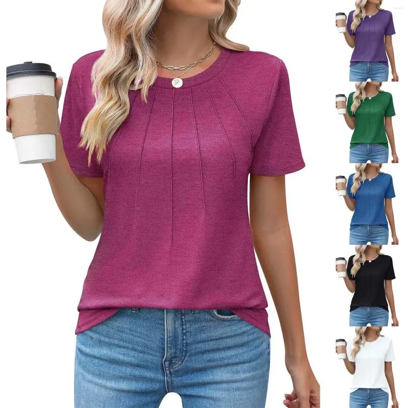 Женские блузки, женские повседневные плиссированные топы с круглым вырезом и короткими рукавами, модная одежда 2024, женская футболка из полиэстера, длинная