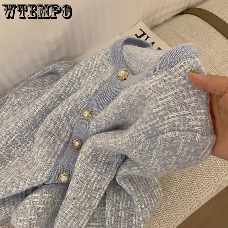 Cardigans WTEMPO Women's New Blue Sweater Round Neck Pearl Button Cardigan Ladies Long Sleeve Casual Vintage Baggy Knitted Tops Outerwear