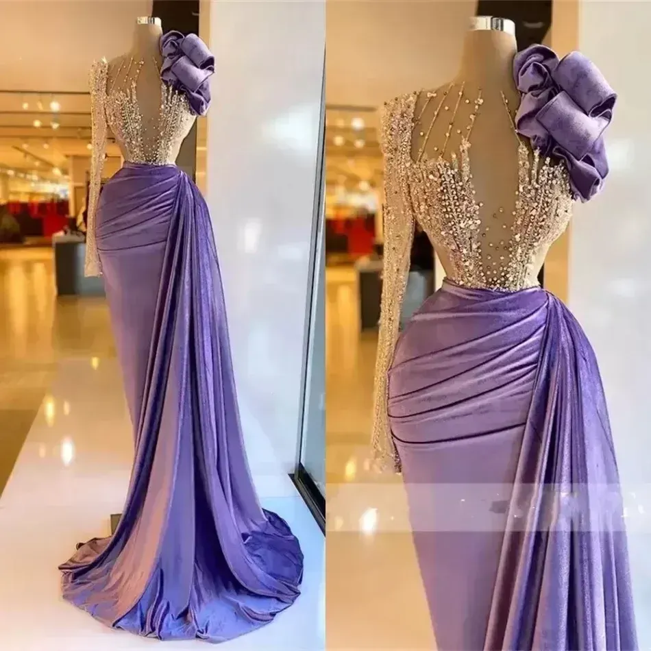 Veet Purple One Shoulder Prom Evening Dresses Beaded Ruffles Formal Dress for Women Elegant Mermaid Pleats Robe De Bc14029