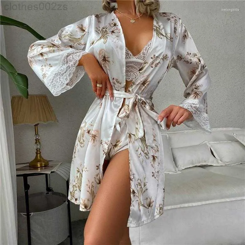 Damen-Nachtwäsche, 3-teilig, sexy Dessous, Spitze, Satin, Leibchen, Nachthemd, Robe, Pyjama-Set, Schlafkleidung, Homewear, NachthemdRYFT