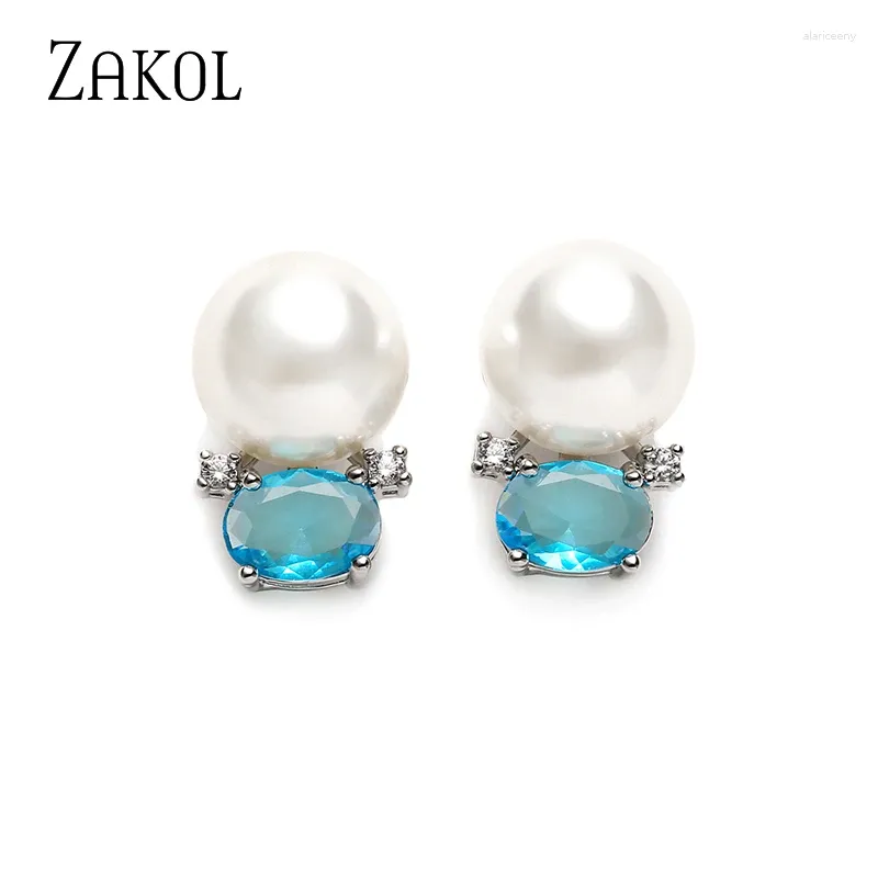 Boucles d'oreilles ZAKOL mignon bleu ovale zircon cubique pour les femmes petite Imitation perle boucle d'oreille 2024 INS bijoux de fête