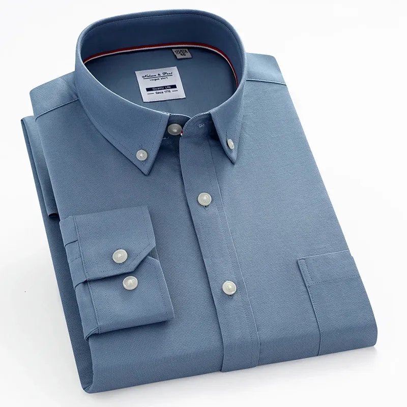 コットンカジュアル格子縞のシャツの男性Sソリッドビジネスロングスリーブマンストライプボタンアップシャツレジャー定期的なポケット240307