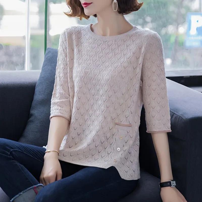 Pullovers Autumn Elegant Fashion New Chic Pullover Solid Color Round Collar Hollow Out Three Quarter Sleeve Loose Castered Sweaters
