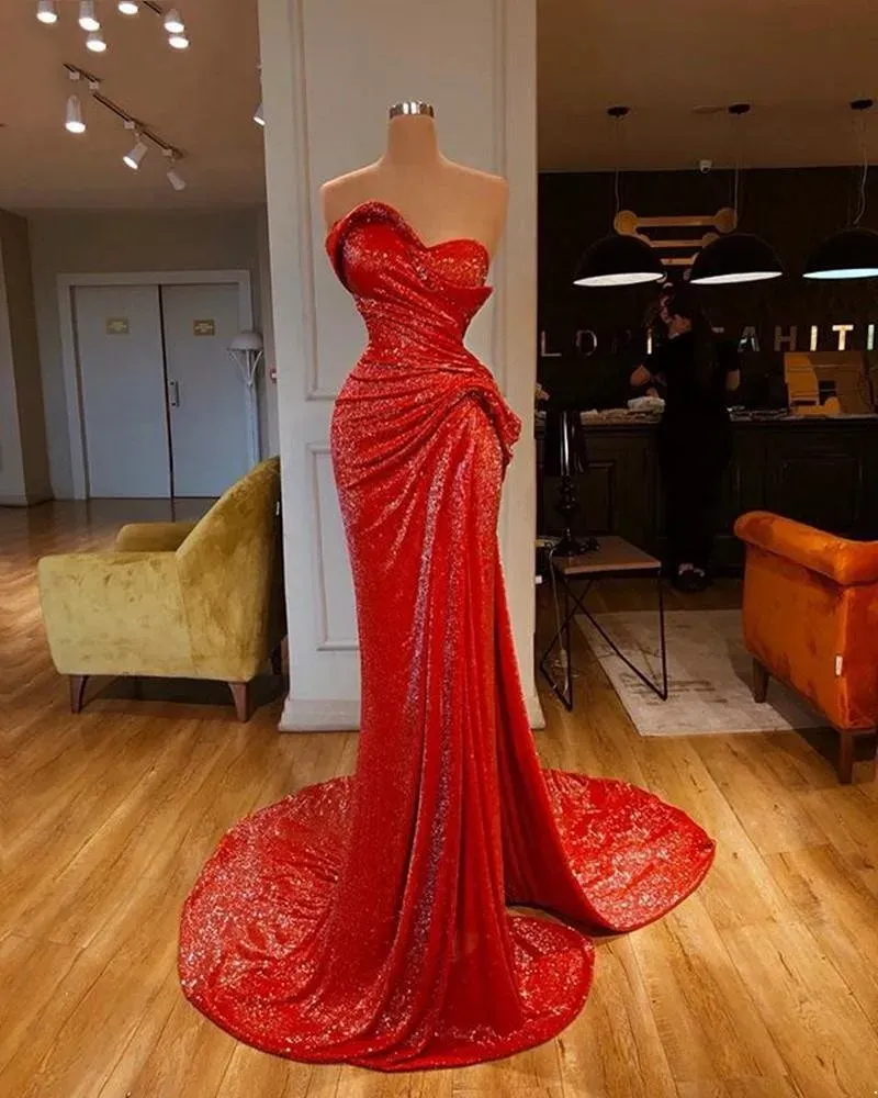 Elegant Mermaid Sequins Prom Dresses Red African Party Arabic Dubai Formal Evening Gowns Custom Made Dress