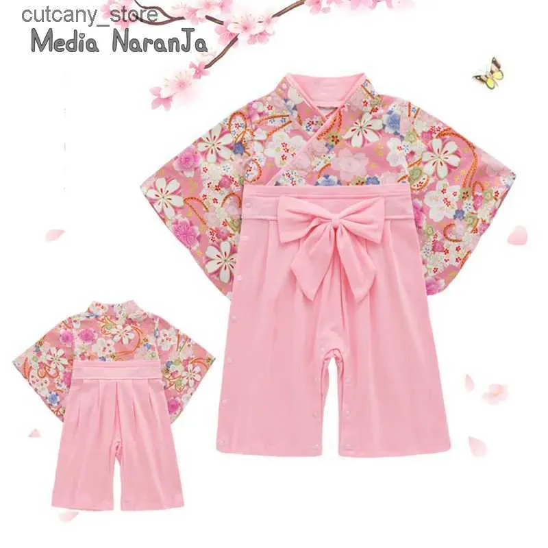 Jumpsuits Kinderen Kimono GirlsBaby Een Stuk Lente Zomer Lente Herfst Lange Mouw Japanse Print Romper Vakantie Outfit Kostuum L240307