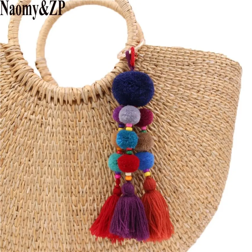 NaomyZP Style bohème perles de bois porte-clés pompon porte-clés sac suspendu gland pendentif porte-clés décoration bijoux 2020257I