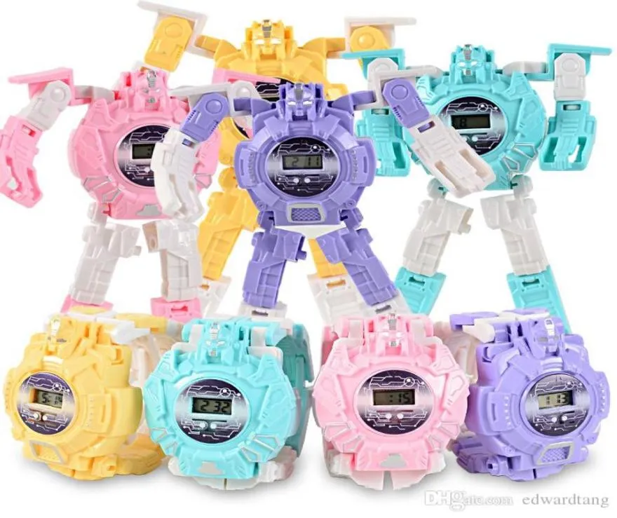Emt qt5 crianças dos desenhos animados transformável robô relógio temporizador brinquedo do miúdo relógio de pulso eletrônico várias cores natal aniversário gif7431359